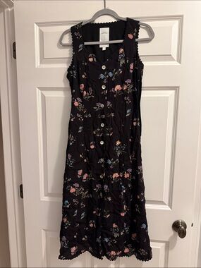 Black Floral Sleeveless Button-Front Midi Dress